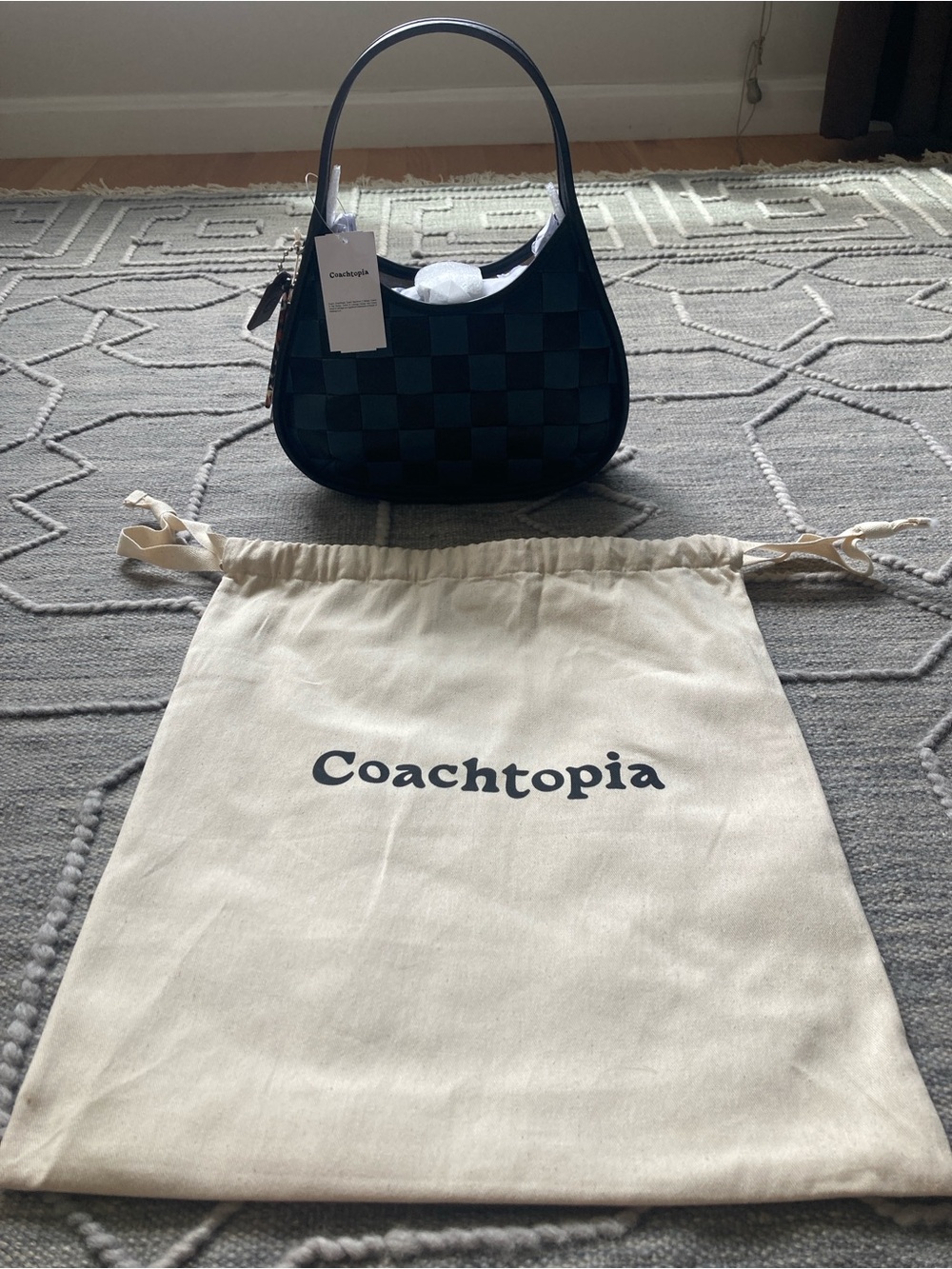 Last Chance!!! COACHTOPIA Woven Checker Hobo Shoulder Bag in Dark Blue & Black - Picture 13 of 15